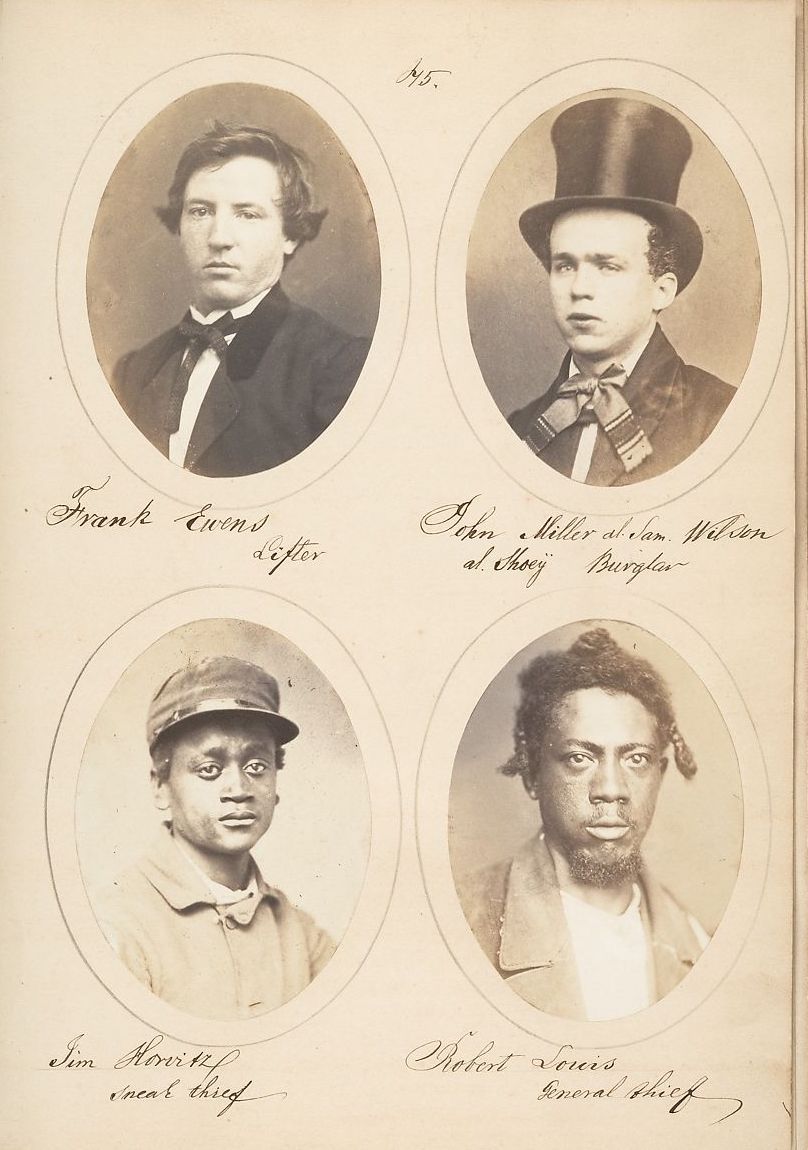 Four oval-shaped portraits of individuals, likely from a police rogues' gallery or mugshot collection, arranged on a cream-colored background. Each portrait is accompanied by handwritten cursive text identifying the individual and their alleged crime.