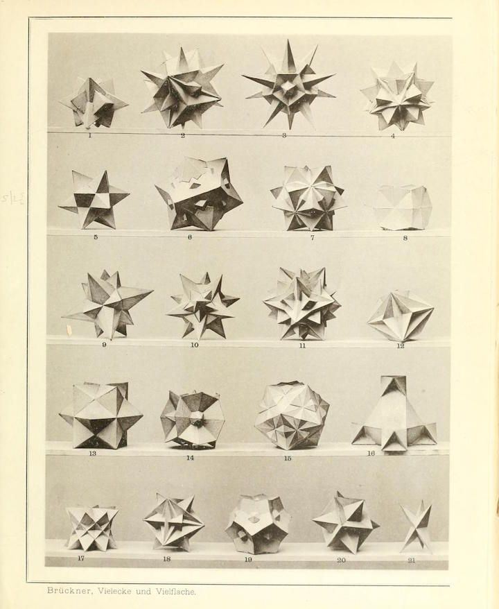 A vintage illustration showing a sequence of 21 images depicting the process of folding a paper star.