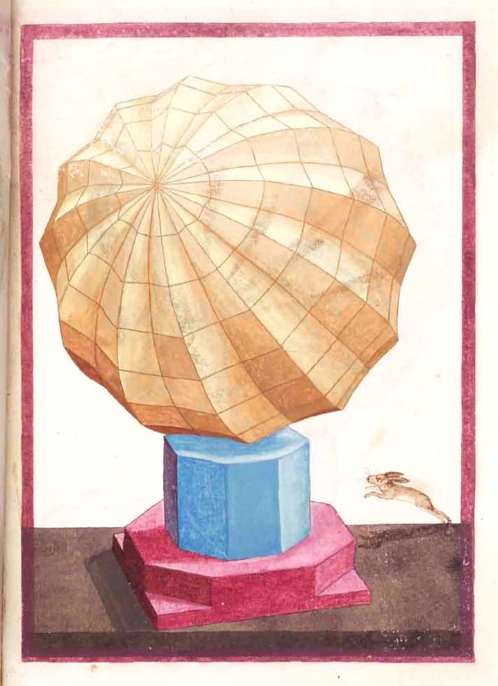 Vintage illustration of a geometric umbrella on a two-tiered base, with a small animal leaping nearby.