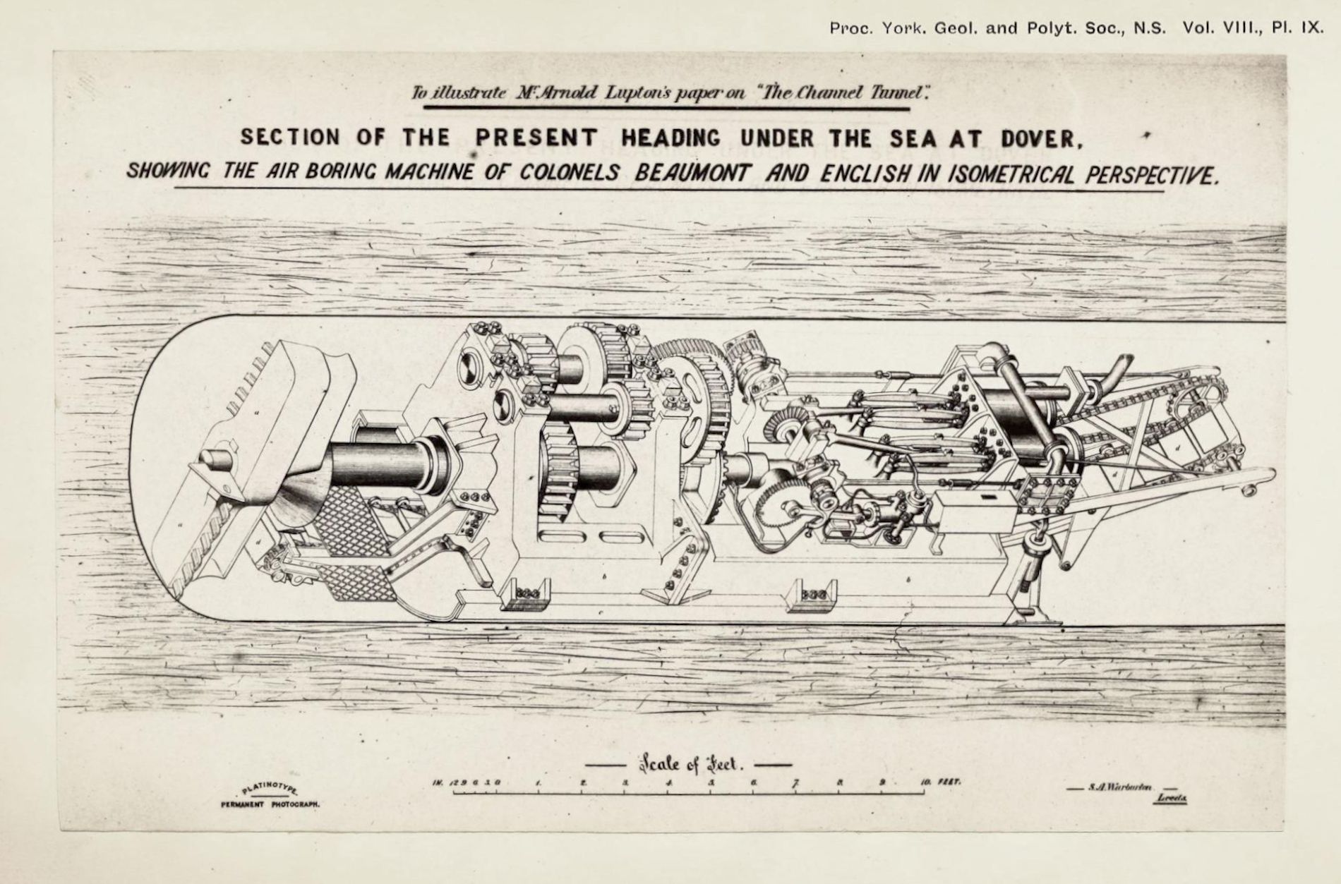 A detailed technical drawing of a tunnel boring machine, specifically the air boring machine used in the construction of the Channel Tunnel. It's presented in an isometric perspective, allowing a clear view of the machine's complex internal structure.