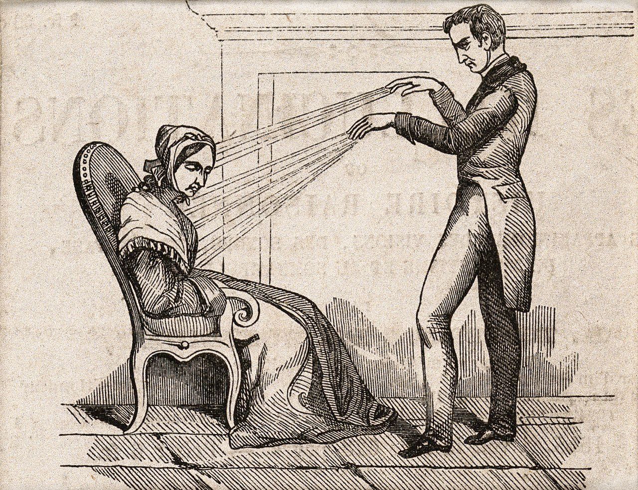 Vintage illustration of a man examining a woman with radiating light from his hands.
