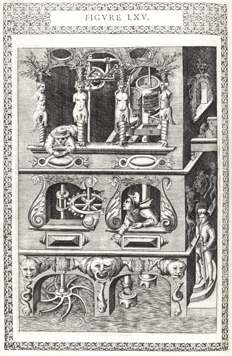 A detailed black and white engraving of a complex mechanical device with nude figures and ornate details, labeled “FIGVRE LXV.”