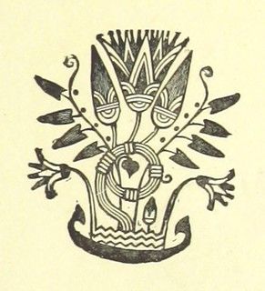 Vintage black and white illustration of a symmetrical, ornate plant-like design with swirling stems and a boat-shaped base.