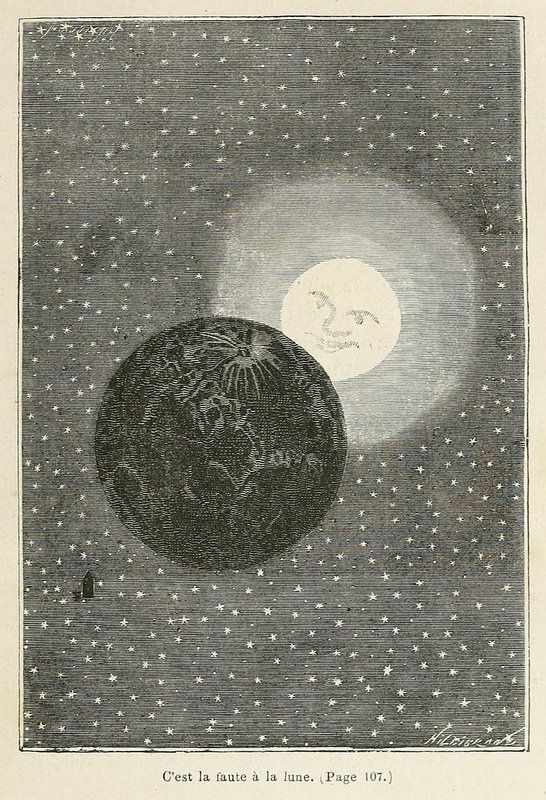 Vintage illustration of a full moon and a textured sphere in a starry night sky, with French text at the bottom.