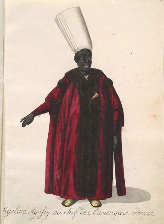 A full-body portrait of a man in Ottoman attire, with a tall white hat, red robe, and dark sash.