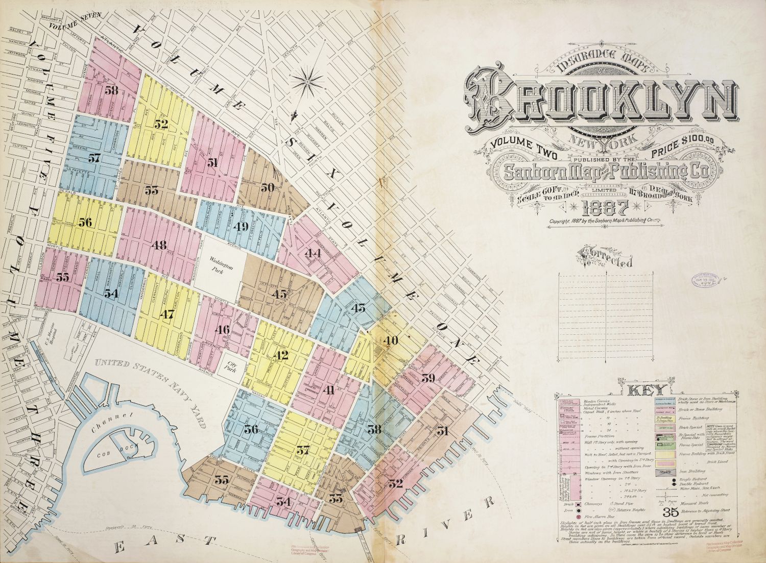 Vintage map of Brooklyn, New York, dated 1887, with numbered sections, streets, buildings, parks, and waterways.