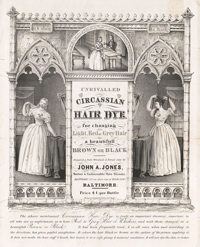 Vintage advertisement for Circassian Hair Dye featuring two women applying the dye to their hair, framed by gothic arches and ornate design.