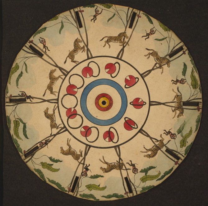 A circular illustration with a central target surrounded by images of tigers, monkeys, and trees, reminiscent of a vintage optical toy.
