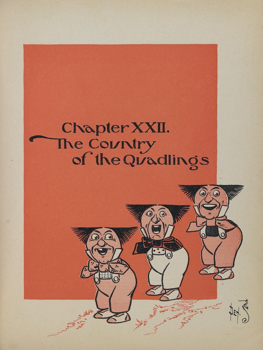 Vintage illustration of three cartoonish figures labeled "Chapter XXII. The Country of the Quadlings."