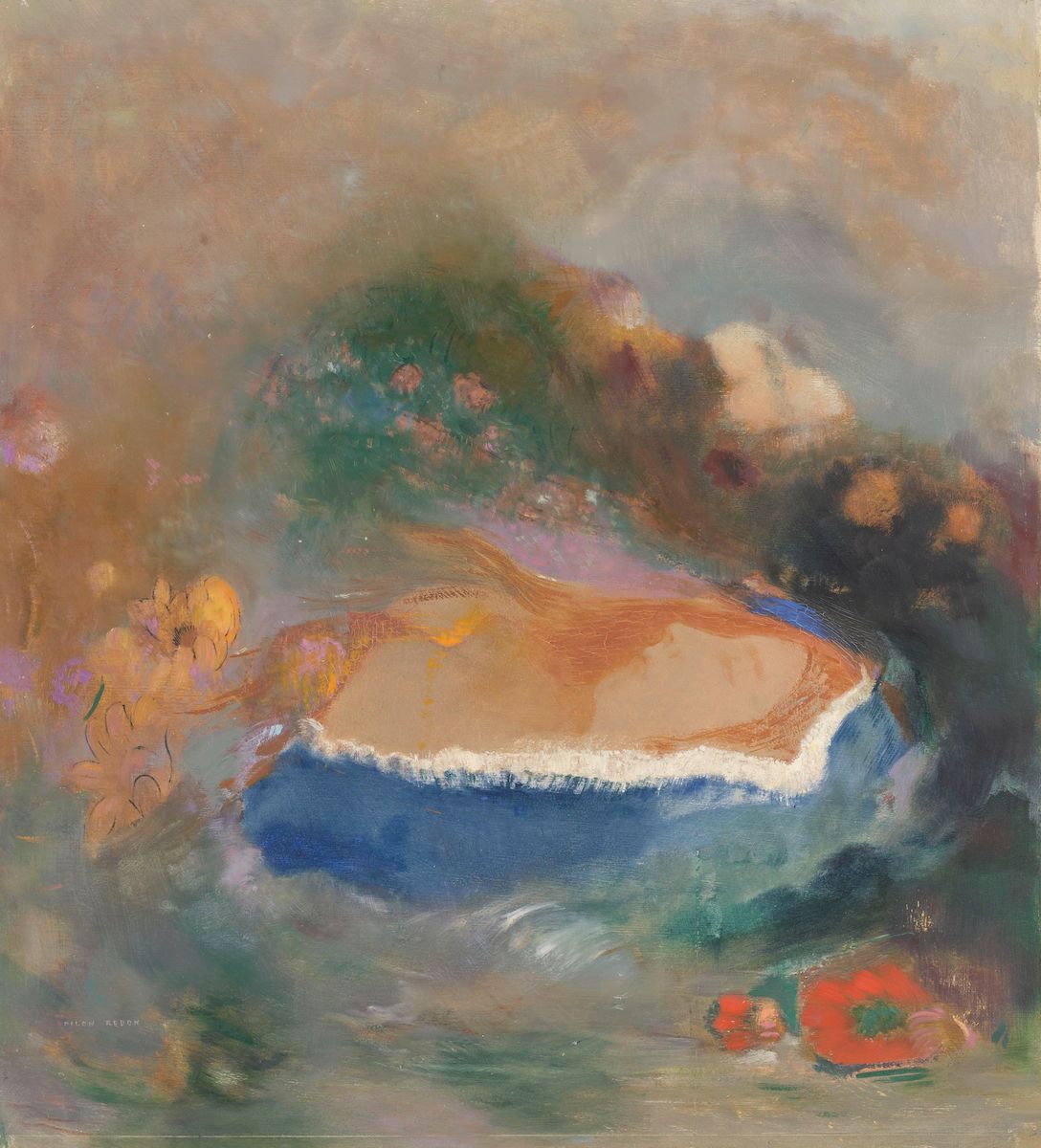 An oil painting of a beach and sea under a cloudy sky, with a hazy, dreamlike quality.
