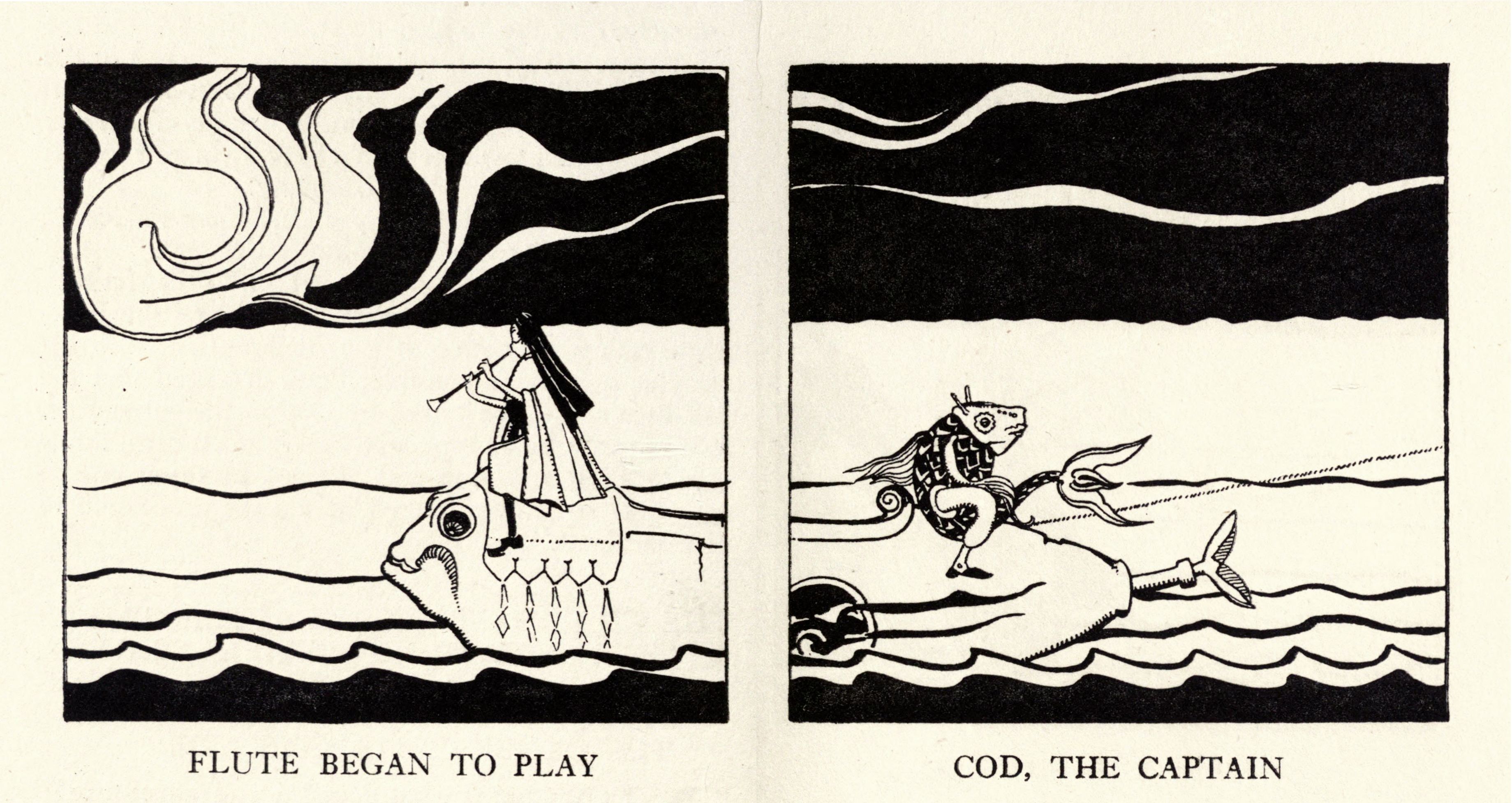 Two panels depicting a whimsical scene on water. The left panel shows a person playing a flute on the back of a fish, with smoke rising from the flute. The right panel shows a captain riding a leaping fish.