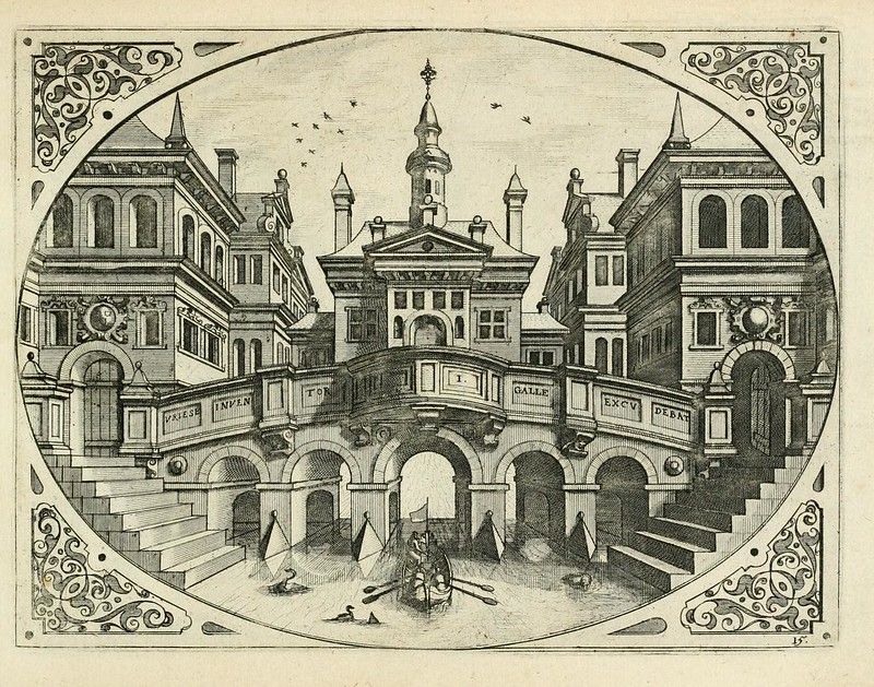 A detailed black and white engraving depicting a fantastical architectural scene with arches, towers, and figures.