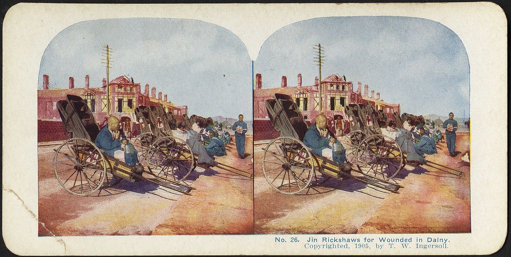 Stereoscopic photograph of Jin Rickshaws for Wounded in Dalny, 1902.