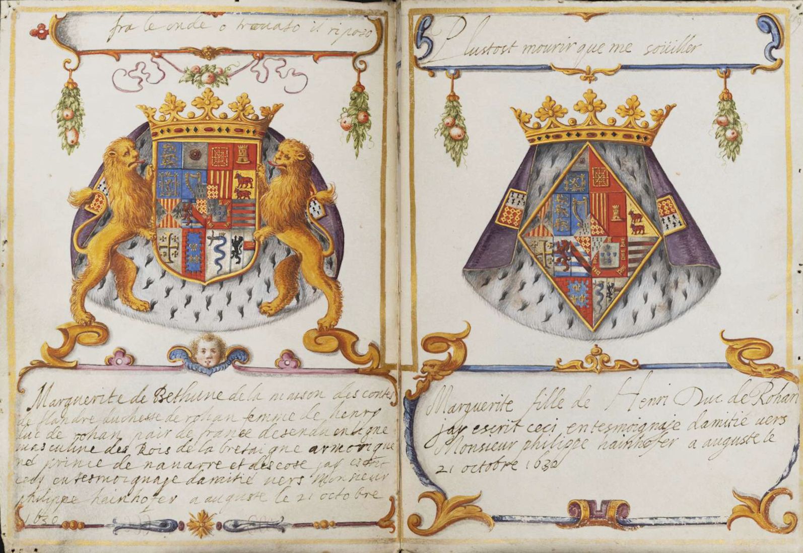 Open book with two pages displaying detailed coats of arms and handwritten text.