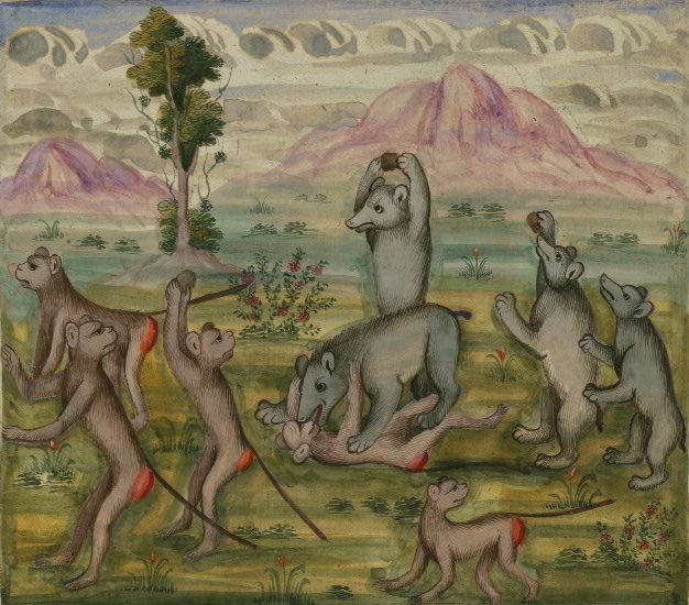 A colorful painting of monkeys in a landscape.