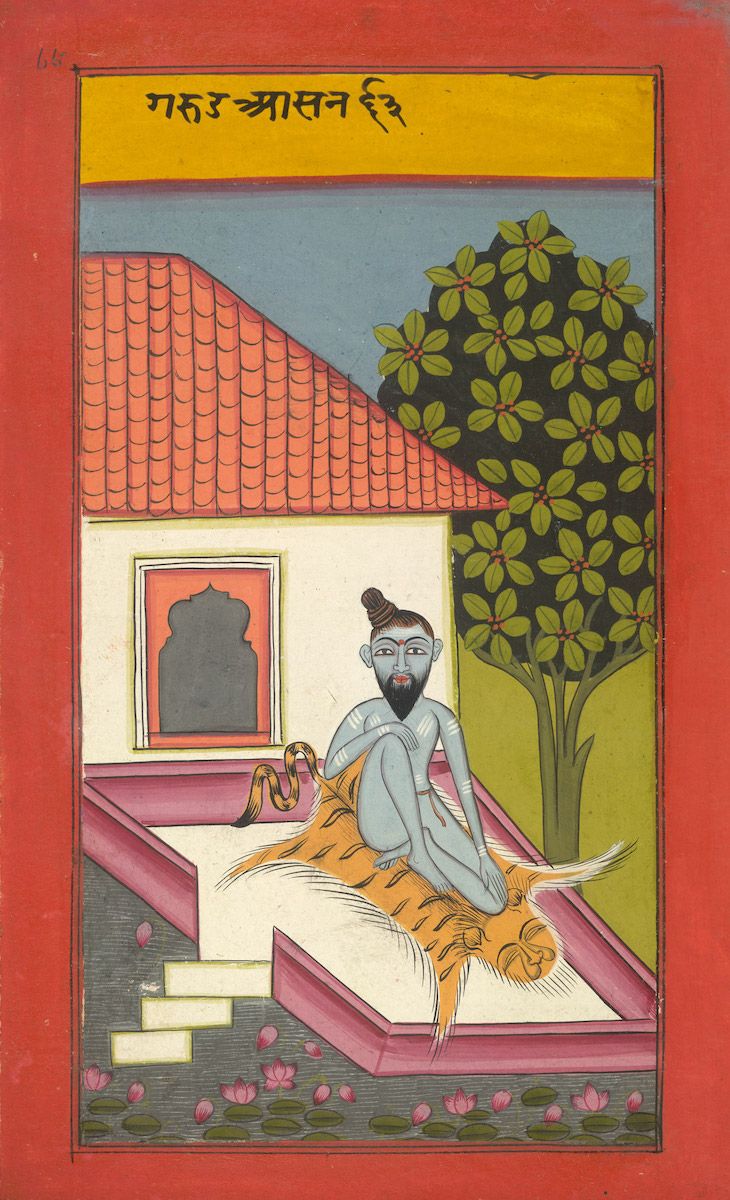 A traditional Indian painting depicting a blue-skinned man reclining on a tiger.