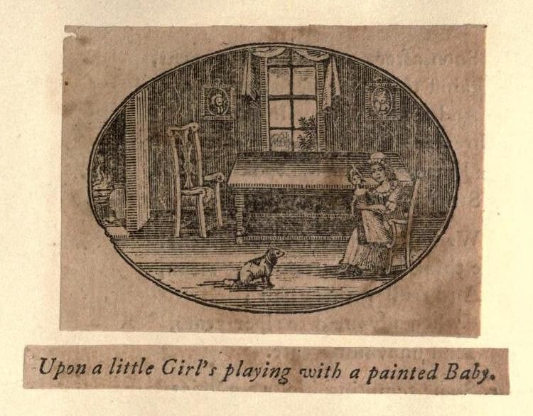 Vintage illustration of a girl playing with a doll in a room.