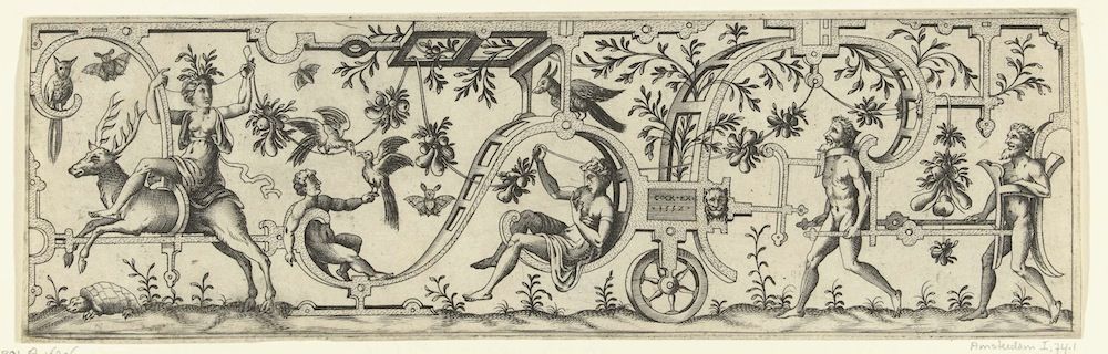 A detailed engraving depicting a mythological scene within a decorative frieze.