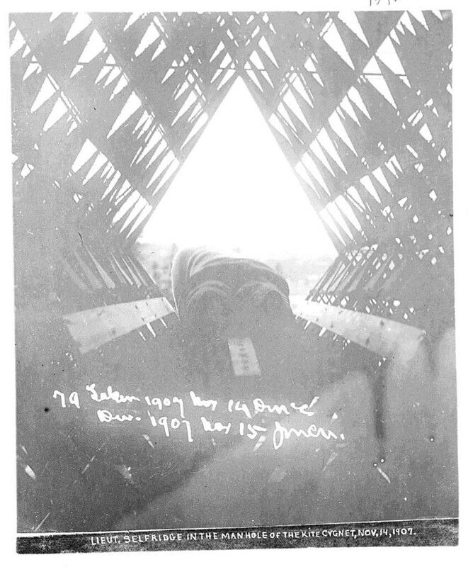 A black and white photograph of Lieut. Selfridge inside the manhole of a kite named Cygnet on November 14, 1907.