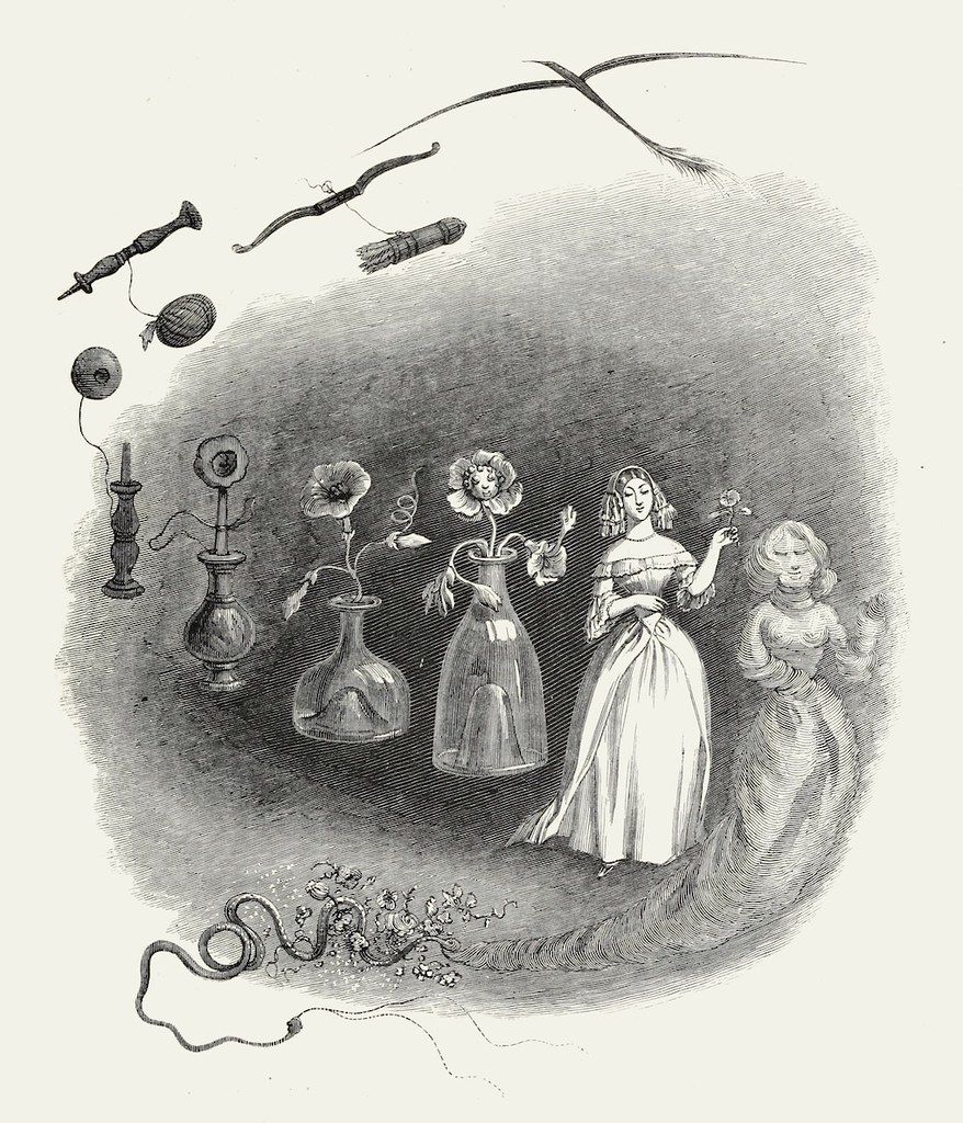 Vintage black and white illustration of a woman in a long dress surrounded by floating objects like vases, flowers, a hookah, and weapons.