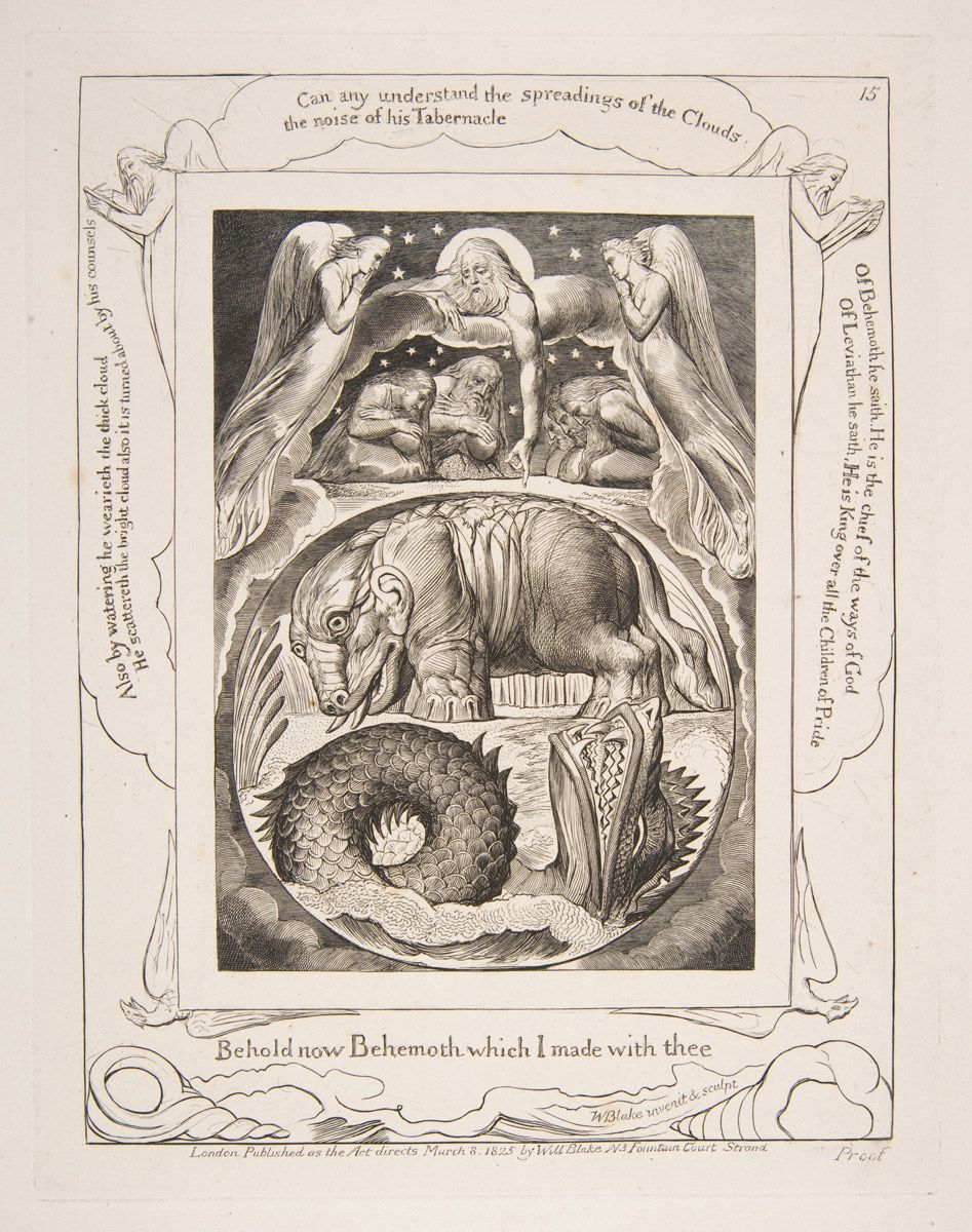 A detailed black and white engraving of a fantastical creature called 'Behemoth', composed of clouds, water, and stars, with a human figure contained within its body. The image is framed by an ornate border and includes text referencing its origins and publication details.