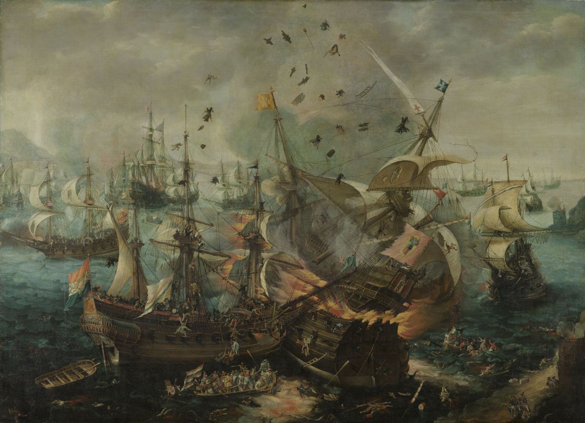 A detailed painting of a chaotic naval battle with numerous ships engaged in fierce combat, smoke filling the air, and a damaged ship in the foreground.