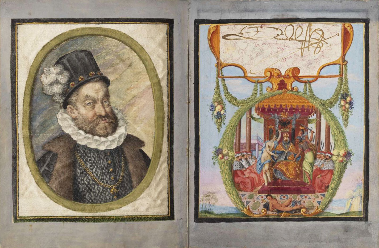 Open book with a portrait of a man on the left page and a coat of arms on the right page.