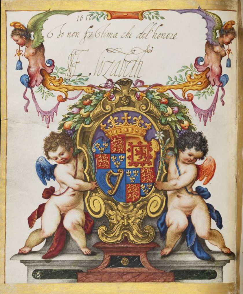 A detailed, ornate illustration featuring a coat of arms held by two cherubs.
