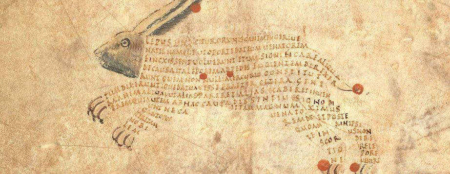 A medieval manuscript illustration of a hare filled with Latin text and marked with red dots.