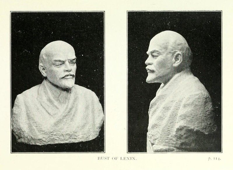 Two views of a bust of Vladimir Lenin, a classical sculpture in monochromatic style.