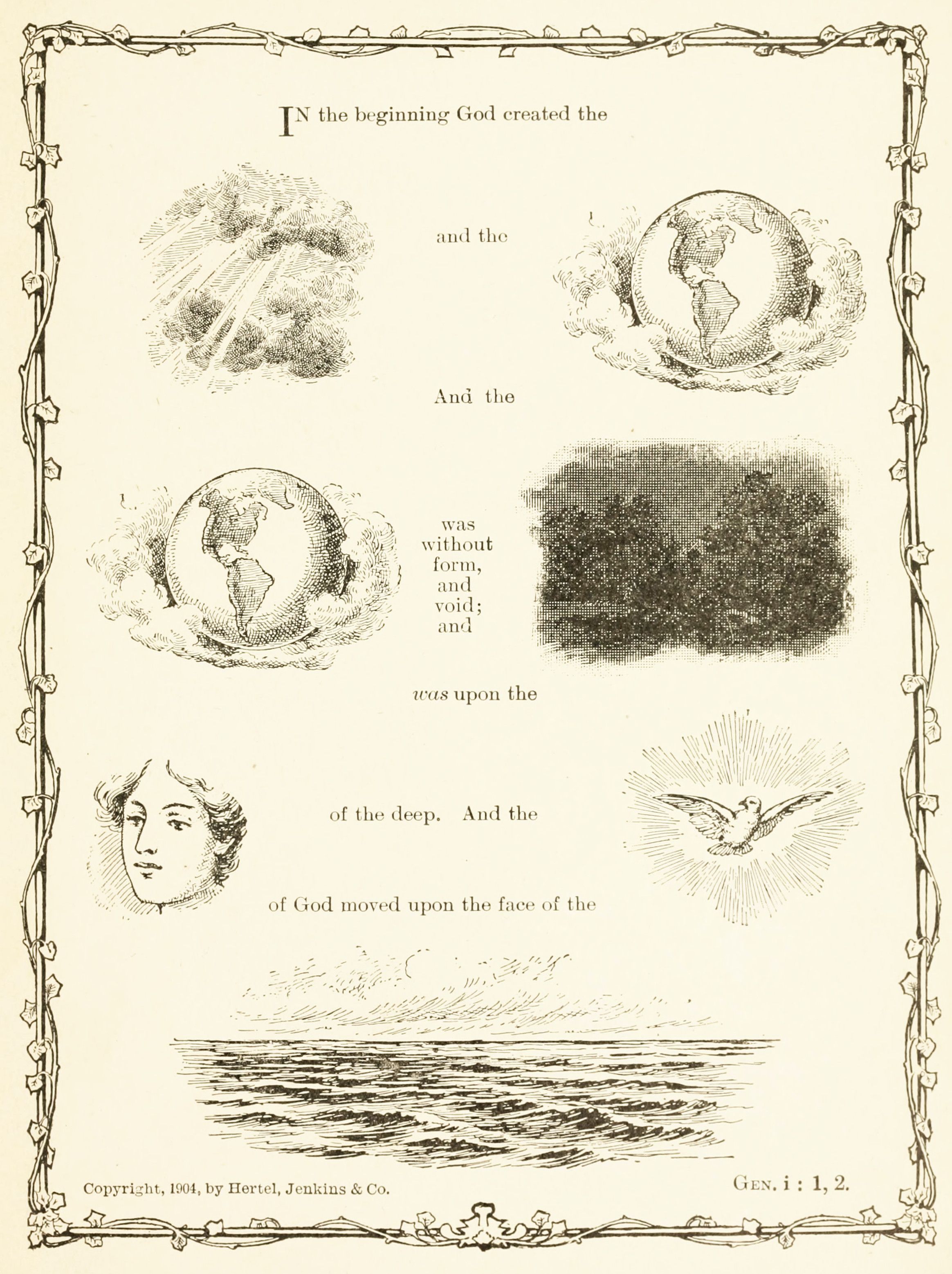 Vintage illustration of the creation story from Genesis, featuring globes, a face, and a dove, framed by an ornate border.