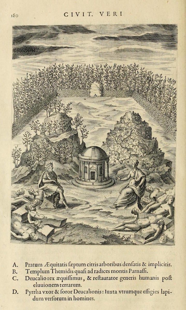 A black and white engraving of a classical landscape with a temple and figures in distress.