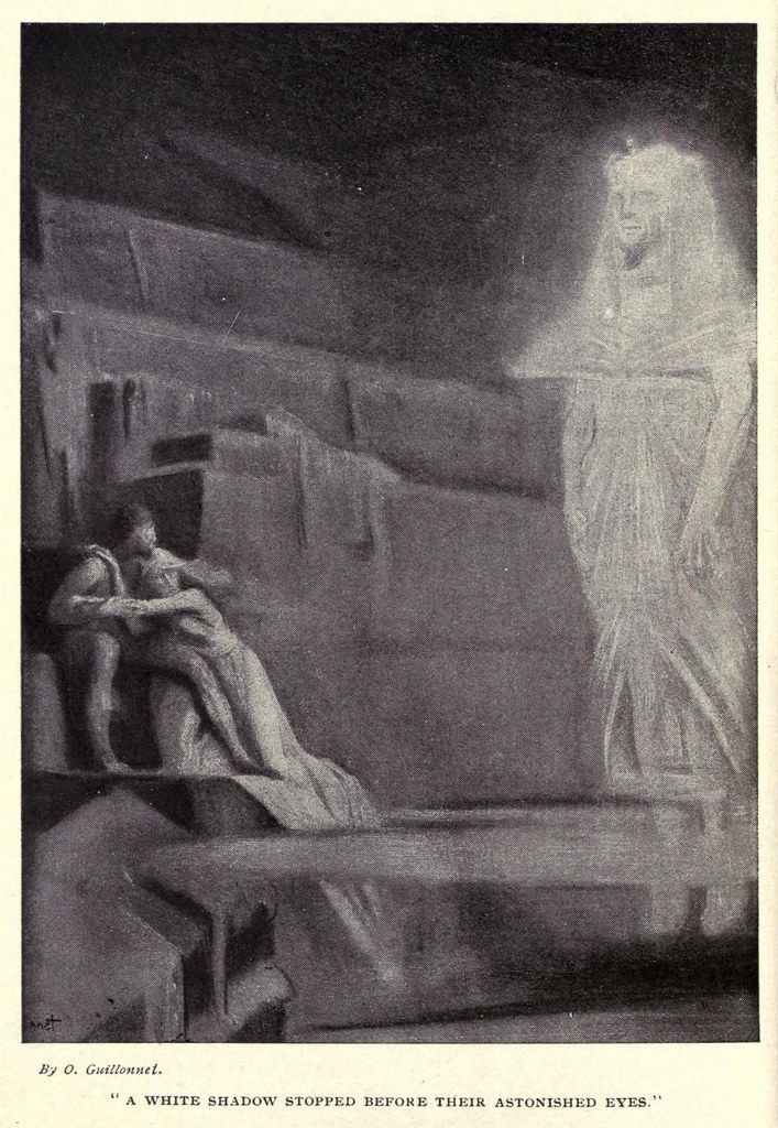 A vintage black and white illustration depicting a ghostly figure standing before a bed where a person is lying down. The scene is dimly lit and has a dramatic, eerie atmosphere.