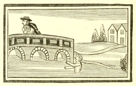 Vintage woodcut illustration of a man on a bridge with another man gesturing below.