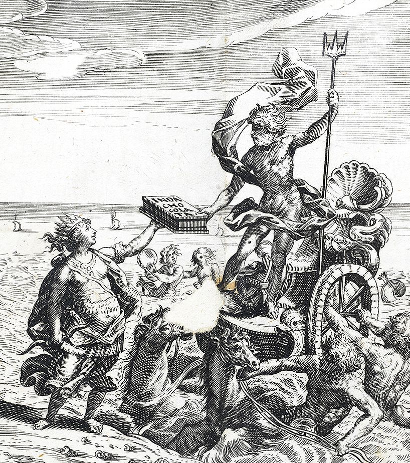 A black and white engraving depicting Neptune, the Roman god of the sea, receiving a book from a woman while surrounded by angels and sea monsters.