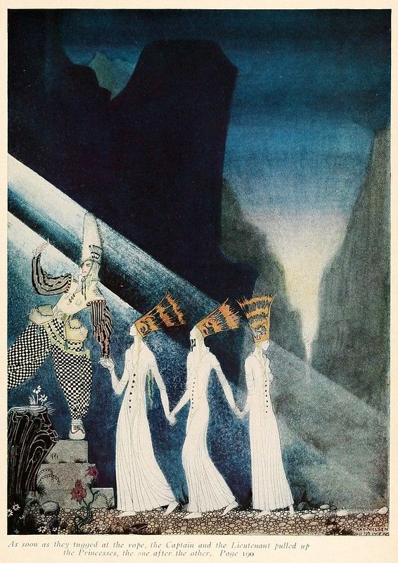 A vintage illustration depicting a group of figures in a cavernous space. Four figures in white robes hold hands, while a harlequin-style figure pulls on a rope. The scene is illuminated by a bright light source, creating strong shadows and a dramatic effect.