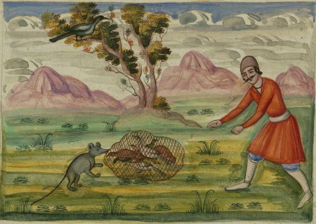 A colorful illustration of a man attempting to trap rats with a basket in a landscape with mountains and a tree.