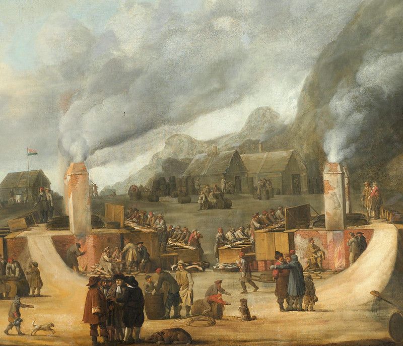 A painting of a bustling historical settlement with people trading, buildings with thatched roofs, and a mountainous landscape in the background.