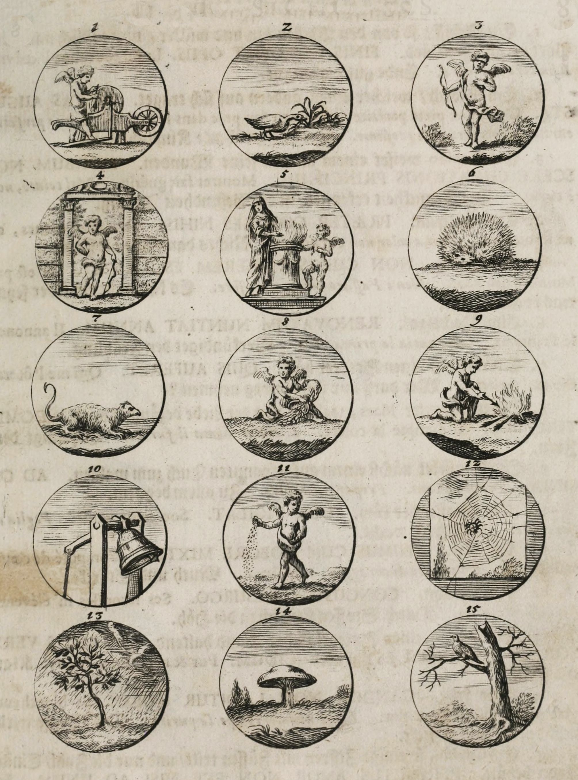 A vintage illustration featuring 15 circular vignettes arranged in a grid pattern. Each circle contains a detailed black and white engraving of a different subject.