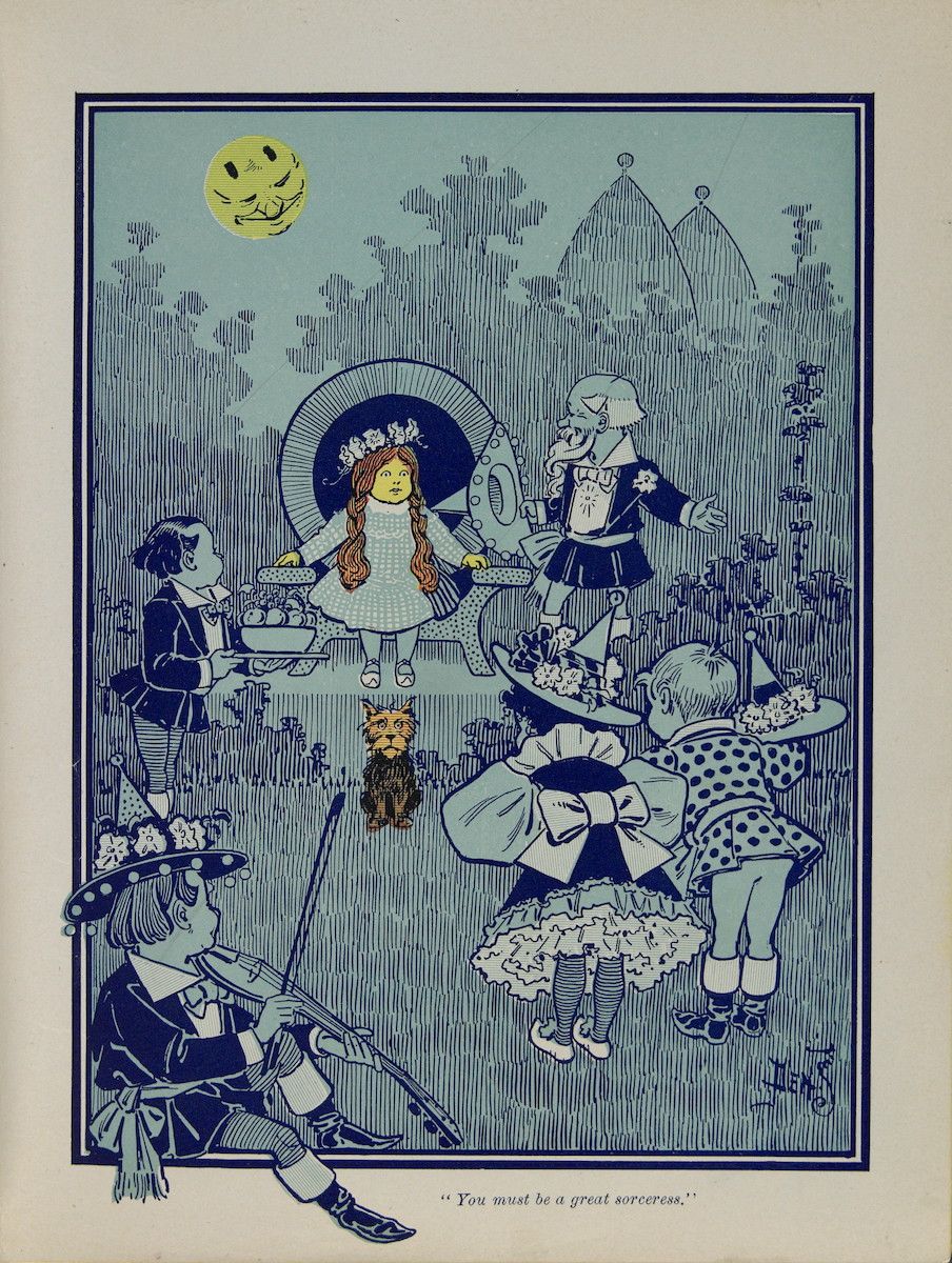 Vintage illustration of a group of characters gathered in a field, with a young girl seated at a table and a smiling moon in the sky. The caption reads: "You must be a great sorceress."