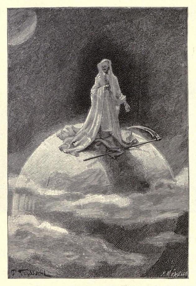 Vintage illustration of Death atop a cloud with skulls, holding a scythe, with a crescent moon in the background.