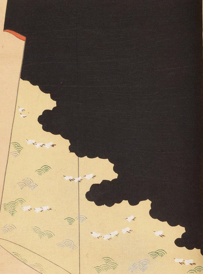 A stylized illustration of a dark cloud formation over a golden landscape covered in repeating patterns of white birds.
