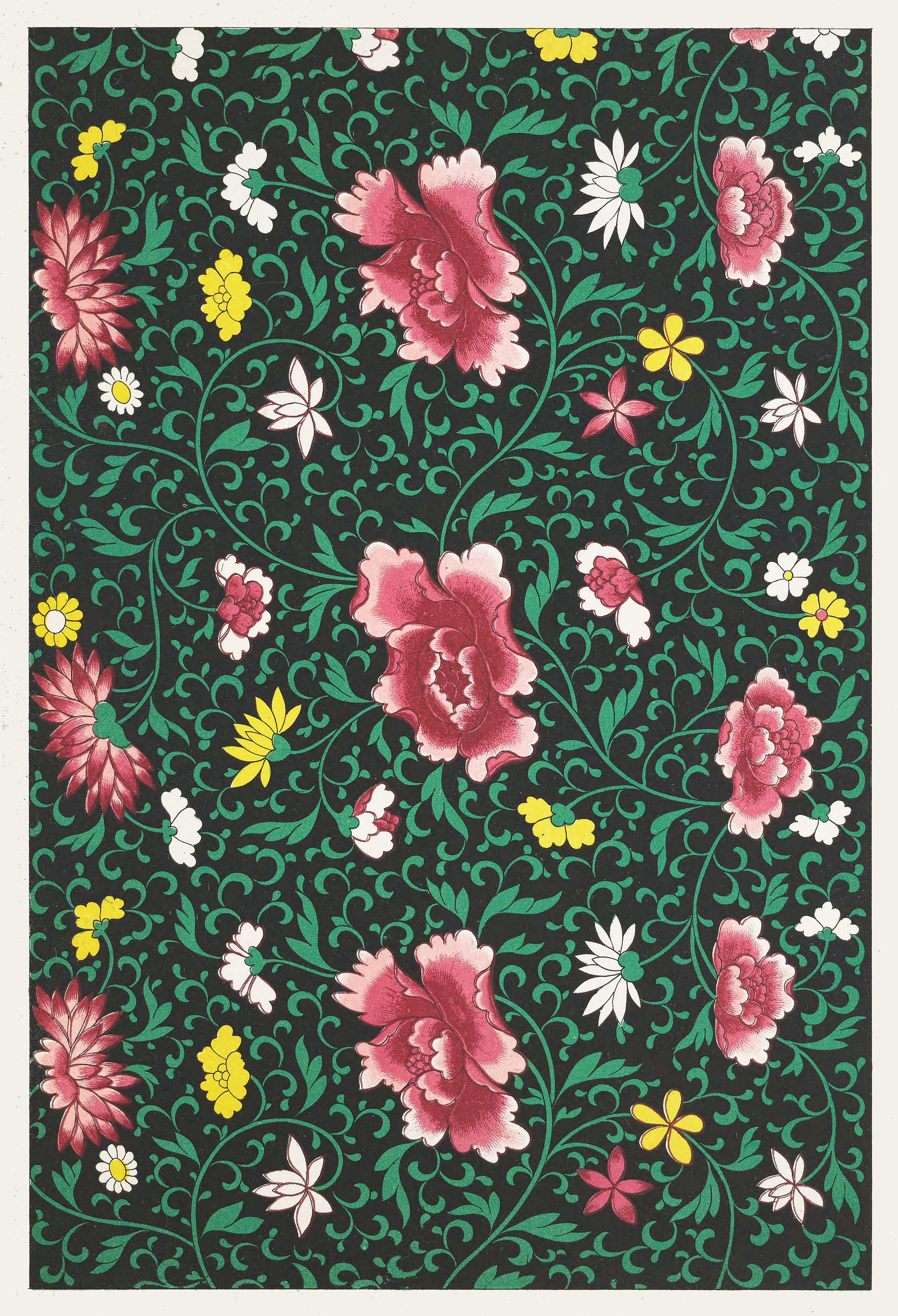 A detailed floral pattern with red, pink, yellow, and white flowers against a dark green background.