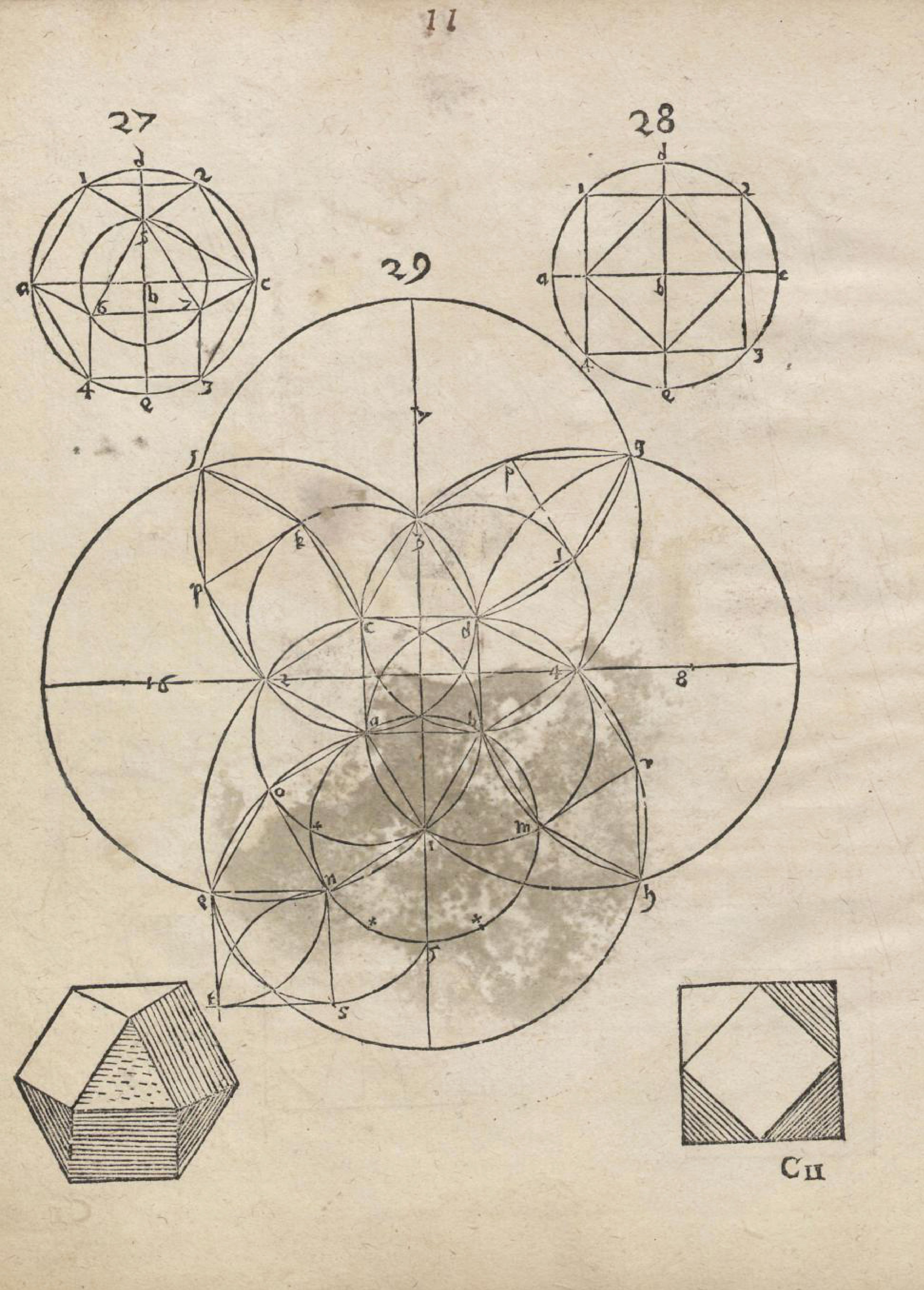 A vintage illustration of a complex geometric diagram with intersecting circles, polygons, and labeled points, accompanied by illustrations of three-dimensional solids.