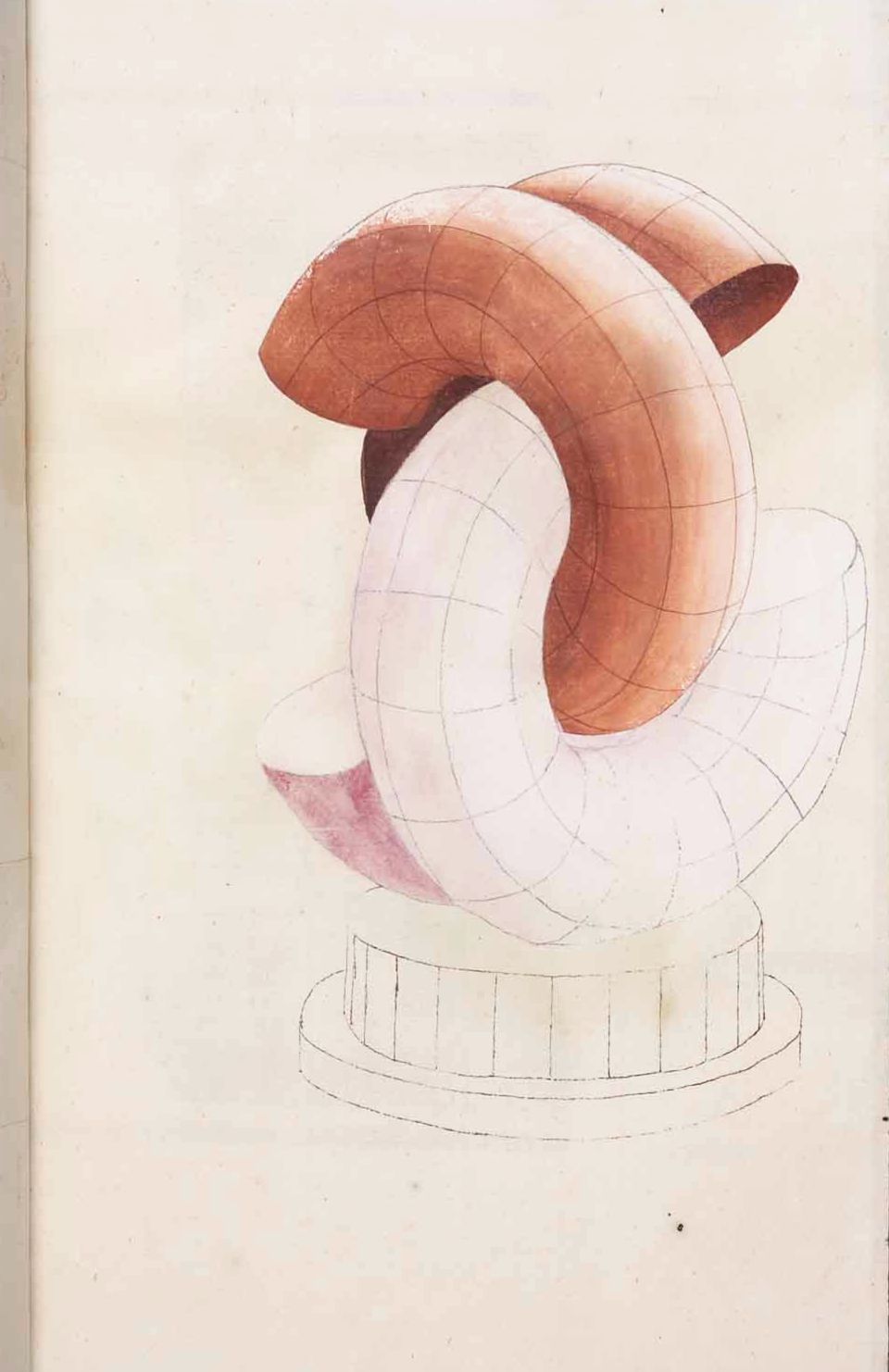 Detailed drawing of an abstract sculpture with a geometric base.