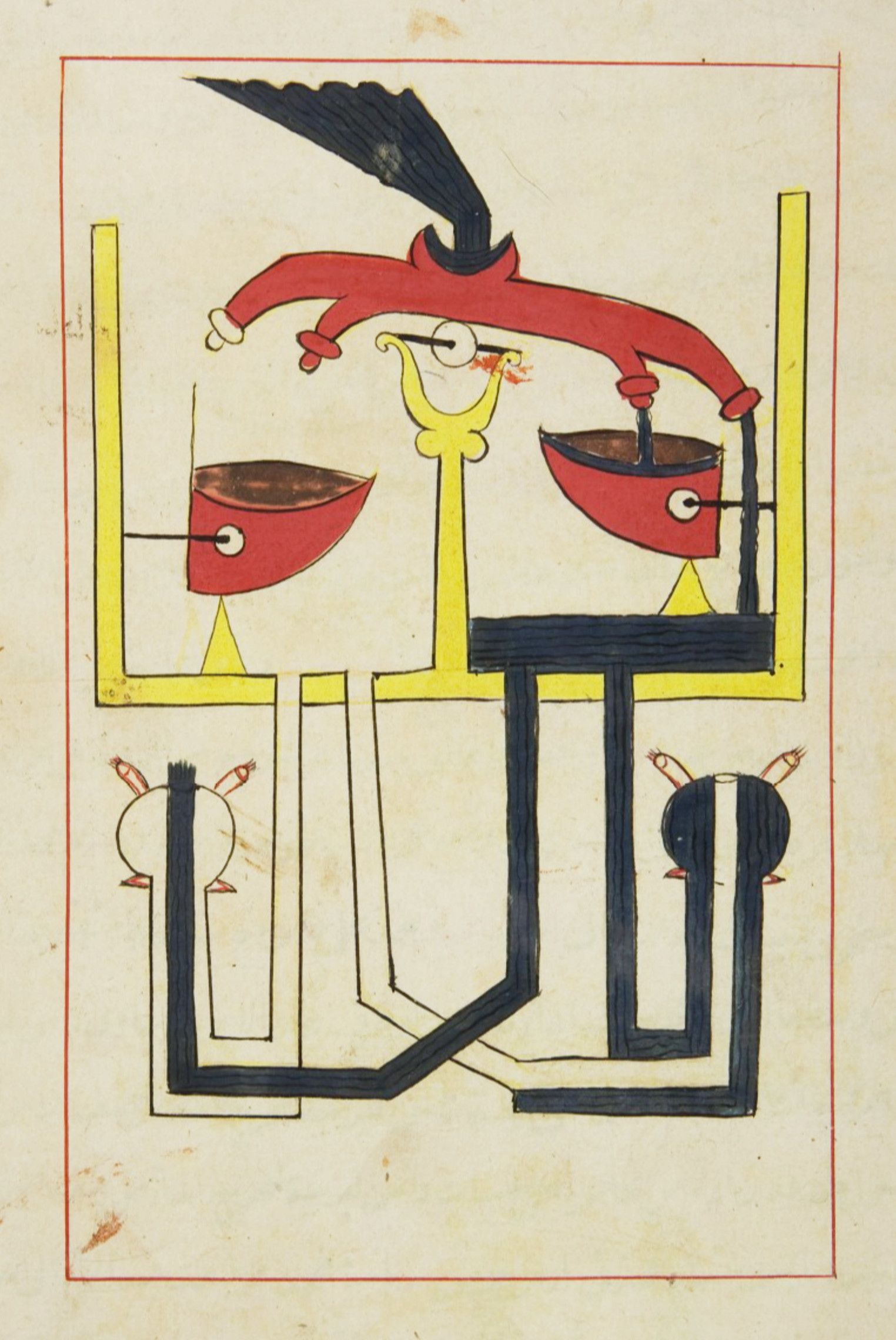 A detailed illustration of a stylized letter 'K' resembling a balance scale with red bowls, a yellow structure, and a black bird on top, from a medieval manuscript page.
