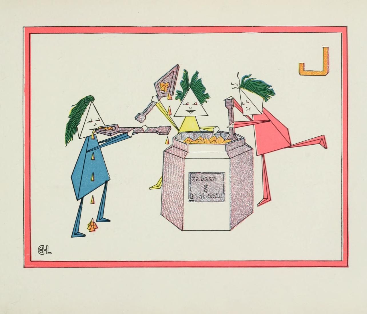 A whimsical cartoon illustration of three abstract figures around a trash can labeled "Grosse & Blackwell".