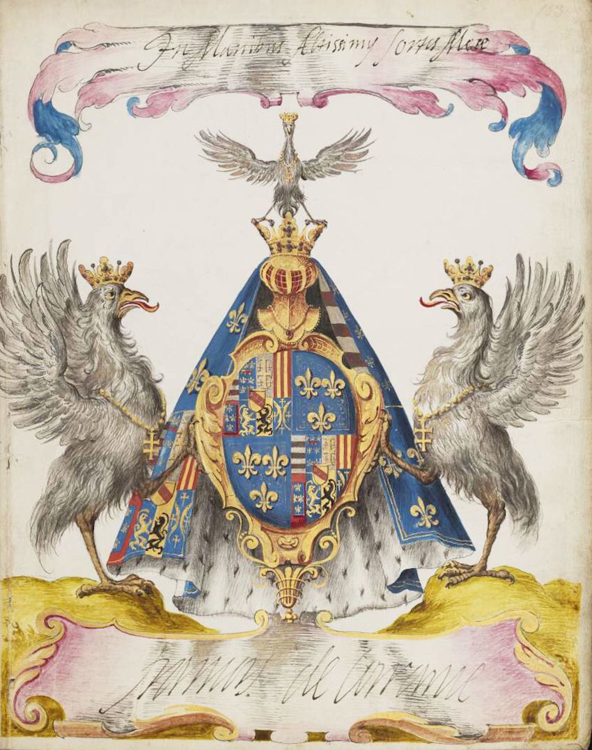 Antique illustration of a coat of arms featuring a shield, griffins, and a crown.