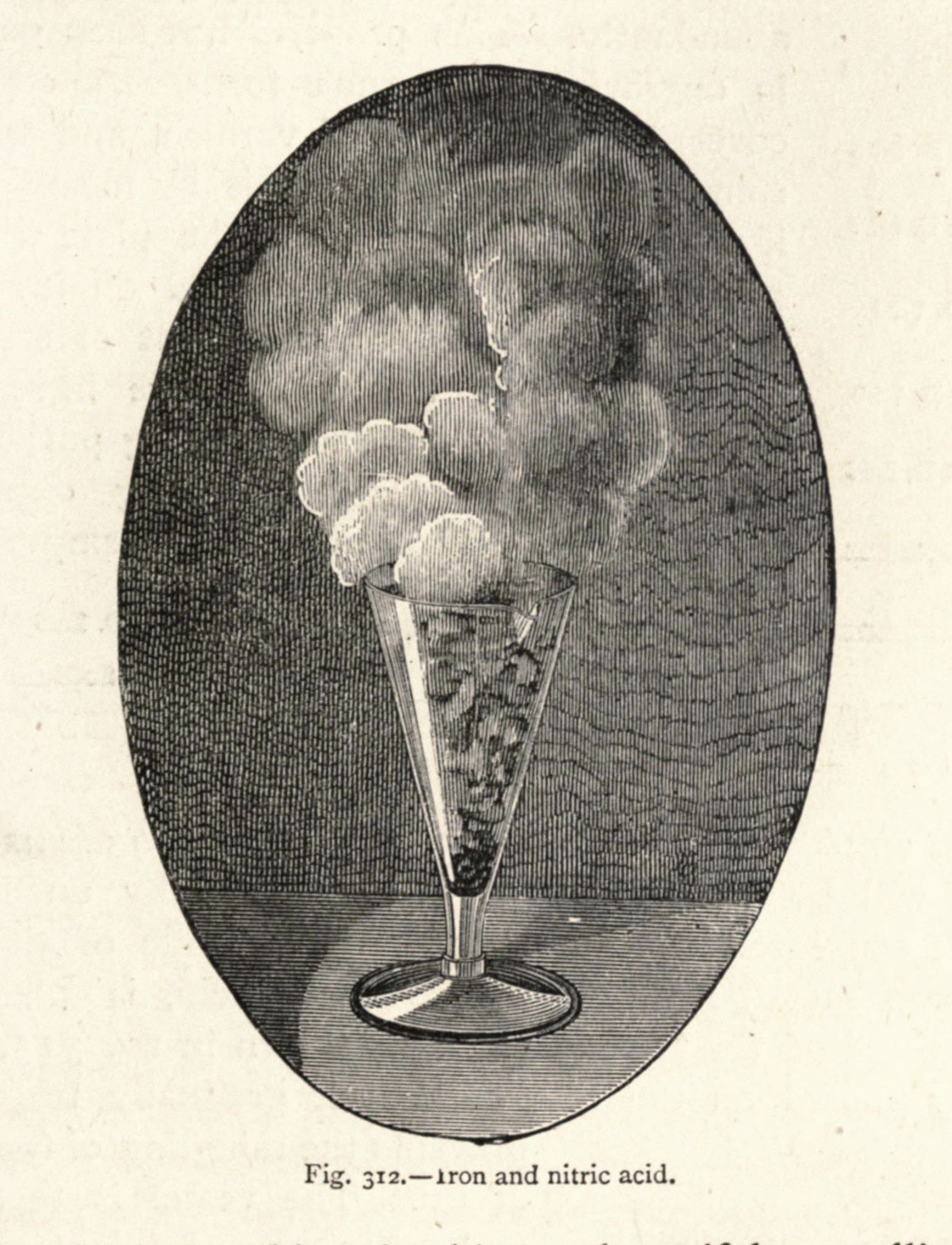 Vintage illustration of a chemical reaction between iron and nitric acid in a beaker, producing white smoke.