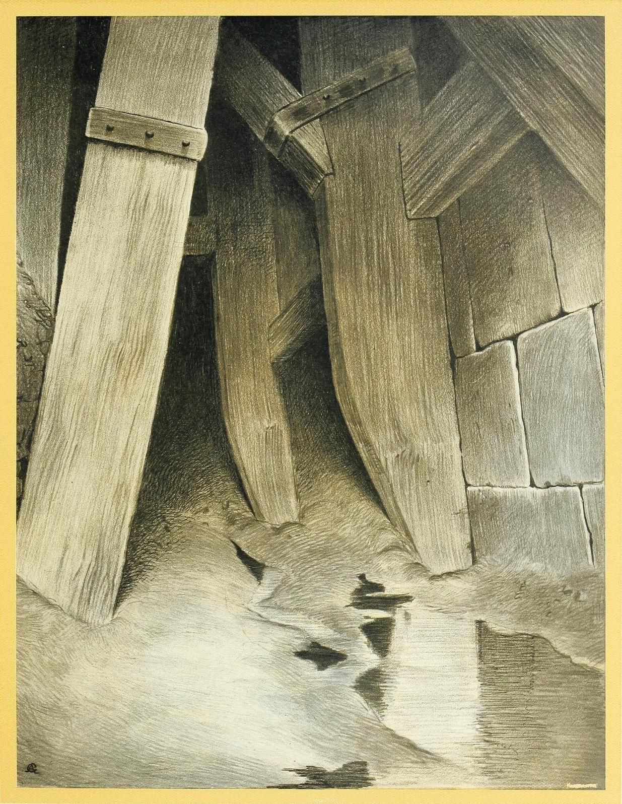 A sepia-toned drawing of a white cat crouched in a dark cellar with wooden beams and a stone wall.